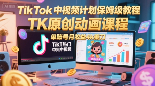 TikTok中视频计划保姆级教程，TK原创动画课程，单账号月收益4k美刀-咖脉互联