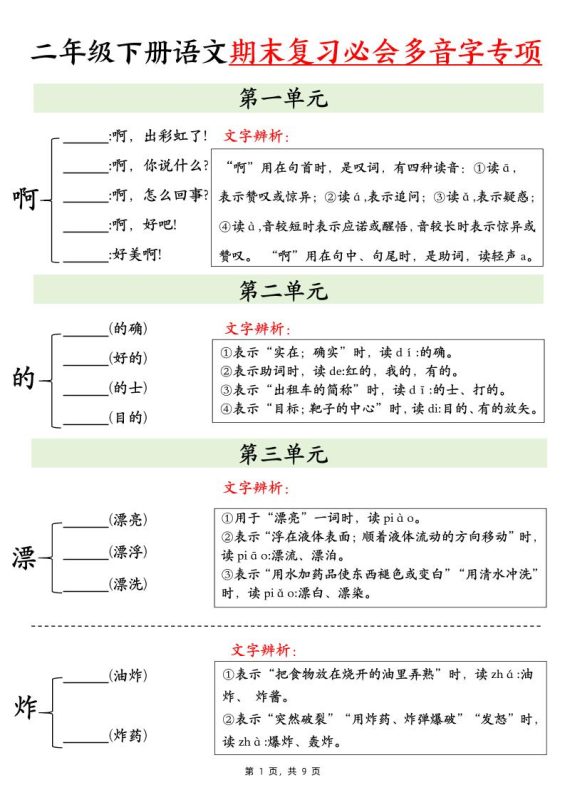 二下语文期末复习必会多音字专项练习(9页)-咖脉互联