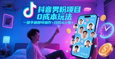 抖音男粉项目0成本玩法，一部手机即可操作，日均4张+，时间自由-咖脉互联