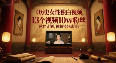 历史女性独白视频，13个视频10w粉丝，伙伴计划，视频号分成等-咖脉互联