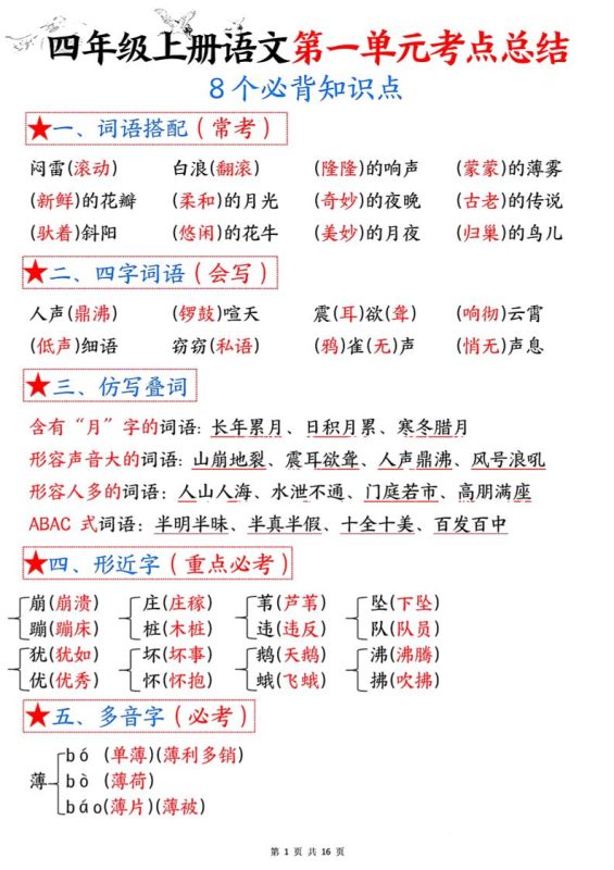 四年级语文上册1-8单元考点总结(8个必背知识点)-咖脉互联