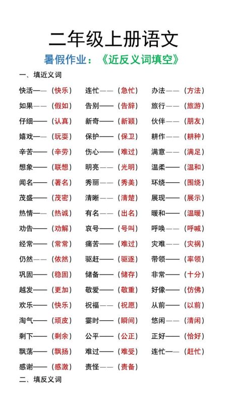 二年级上册语文暑假作文《近义词反义词填空》-咖脉互联