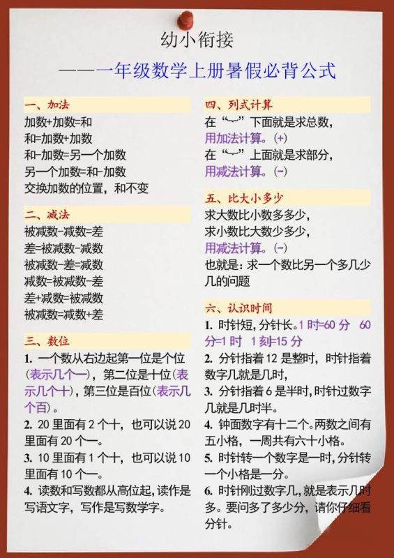 幼小衔接一年级数学上册暑假必背公式-咖脉互联