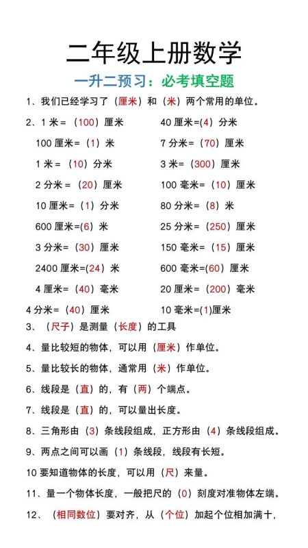 二年级上册数学暑假预习必做《重点填空题》-咖脉互联