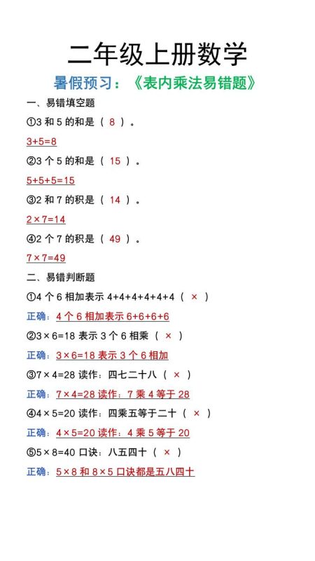 二年级上册数学暑假预习《表内乘法易错题》-咖脉互联