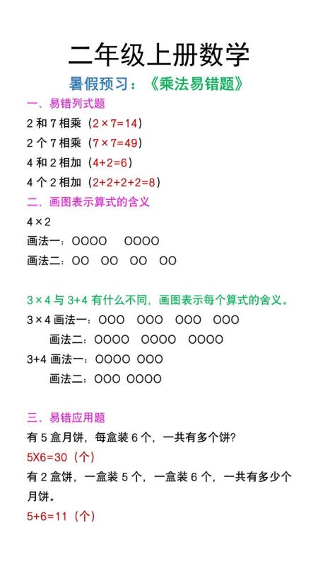 二年级上册数学暑假预习《乘法易错题》-咖脉互联