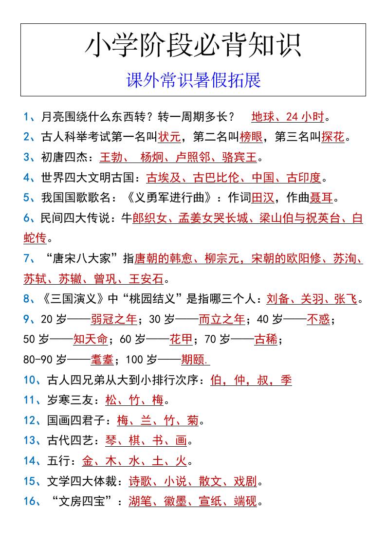 小学阶段必背知识课外常识暑假拓展-小升初语文-咖脉互联