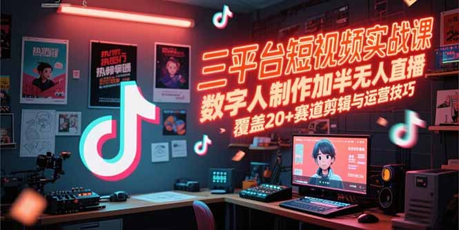 三平台短视频实战课，数字人制作加半无人直播，覆盖20+赛道剪辑与运营技巧-咖脉互联