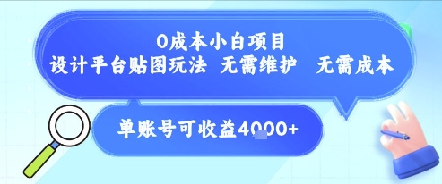 0成本小白项目，设计平台贴图玩法，无需维护，无需成本，单账号单月可产生收益4k+-咖脉互联