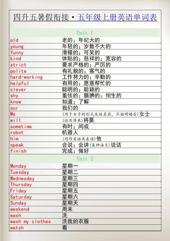 四升五暑假衔接五年级上册英语单词表-五上英语-咖脉互联