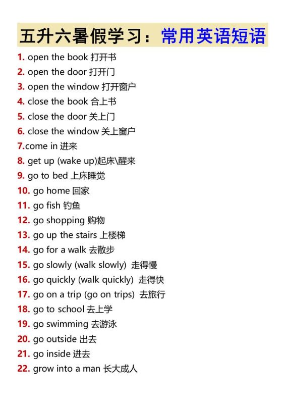 五升六暑假学习:常用英语短语-六上英语-咖脉互联