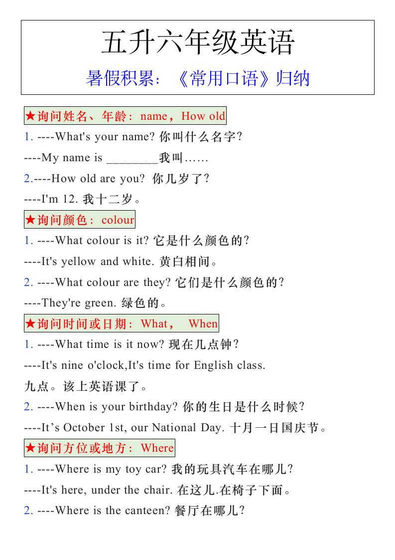 五升六年级英语暑假《常用口语》归纳-六上英语-咖脉互联