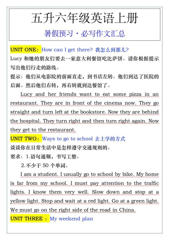 五升六年级英语上册暑假预习·必写作文汇总-六上英语-咖脉互联