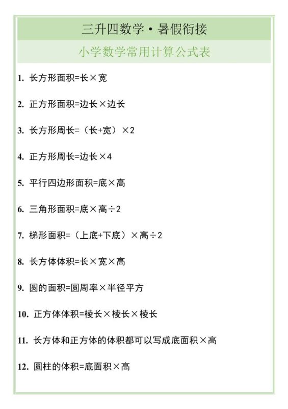 三升四暑假衔接,小学数学常用计算公式表-四上数学-咖脉互联