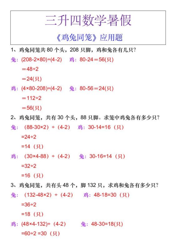 三升四数学暑假《鸡兔同笼》应用题-四上数学-咖脉互联