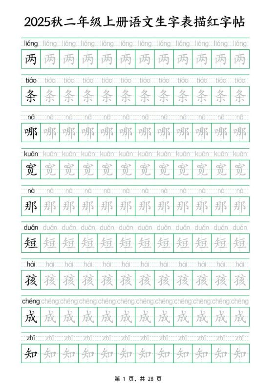 25秋新二上语文生字表生字拼音描红字帖(251字28页)-咖脉互联