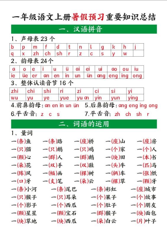 一上语文【暑假预习重要知识总结】-咖脉互联