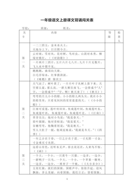 一年级上册语文背诵课文内容及闯关表-咖脉互联