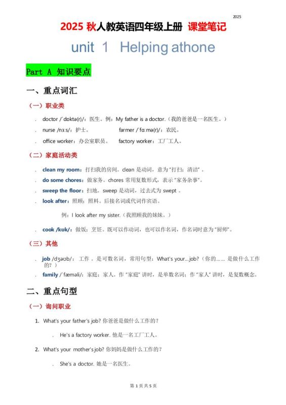 2025秋人教英语四上课堂笔记Unit01-咖脉互联