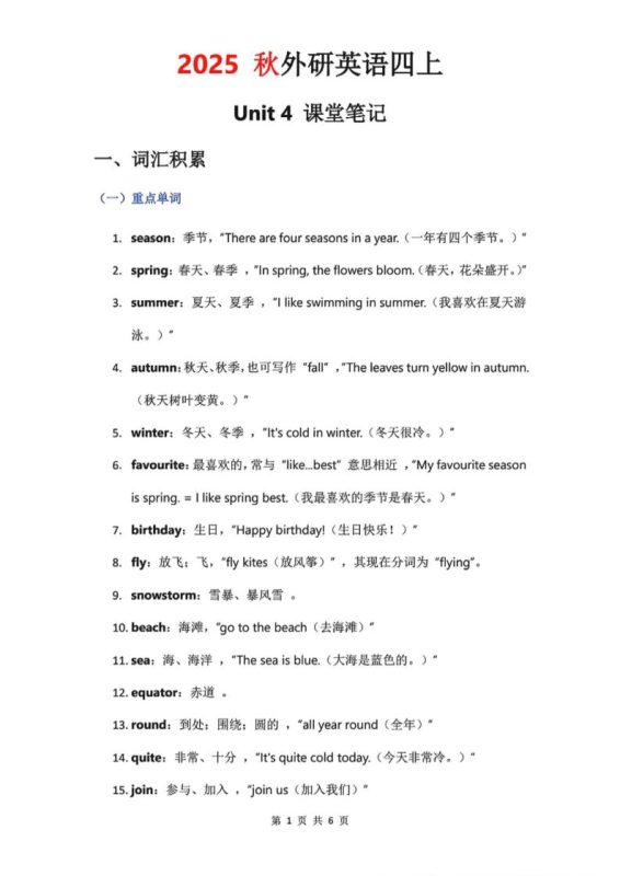 2025秋外研英语四上课堂笔记Unit_4-咖脉互联