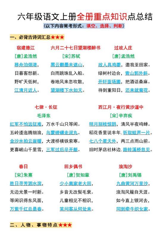 六年级上册语文全册重点知识点总结-咖脉互联