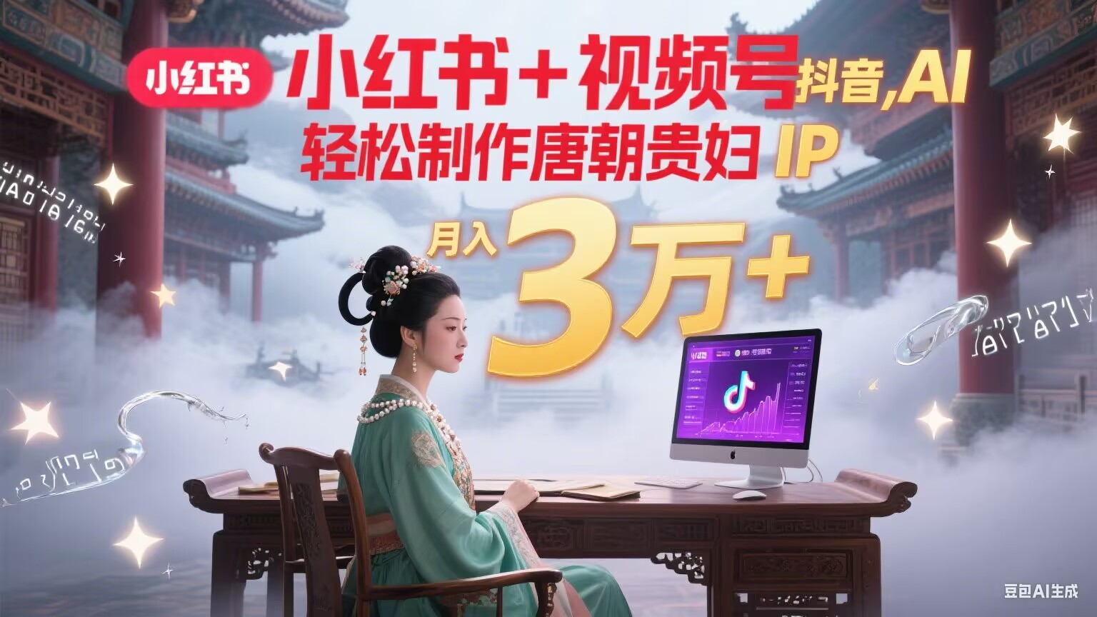 小红书+视频号+抖音，AI轻松制作唐朝贵妇IP，毒鸡汤、励志、减肥瘦身、养生赛道轻松切入，每天30分钟，轻松产出N条，月入3万+-咖脉互联