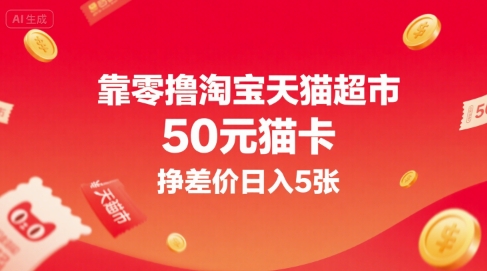 靠零撸淘宝天猫超市50元猫卡，挣差价日入5张-咖脉互联