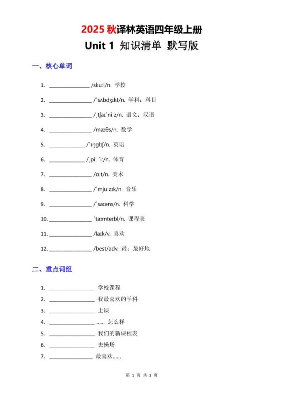 2025秋译林英语四上Unit1知识清单-默写版-咖脉互联