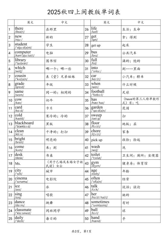 2025秋四上英语闽教版单词表-咖脉互联