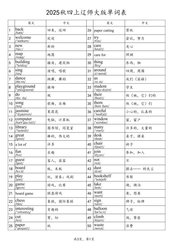 2025秋四上英语辽师大版单词表-咖脉互联