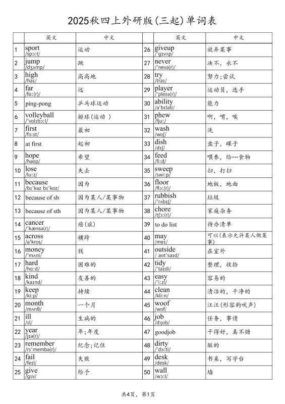 2025秋四上英语外研版(三起)单词表-咖脉互联