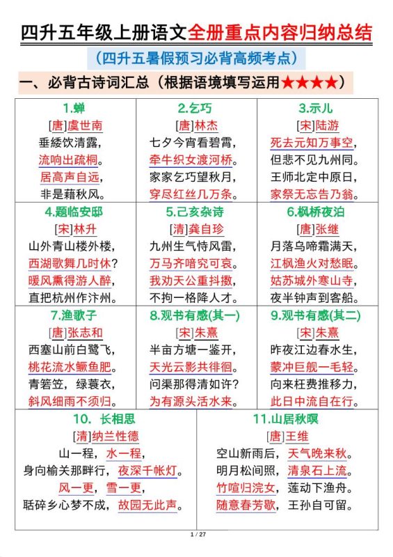 四升五年级上册语文全册重点内容归纳总结输出27页-五上语文-咖脉互联