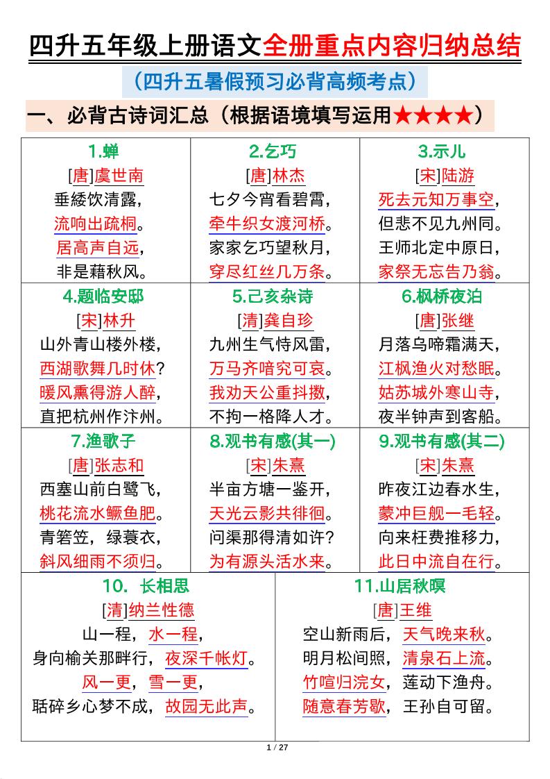 四升五年级上册语文全册重点内容归纳总结输出27页-五上语文-咖脉互联