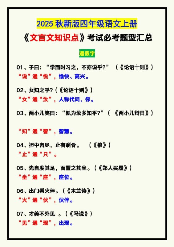 【2025秋新版】四年级语文上册《文言文知识点》,考试必考!-咖脉互联