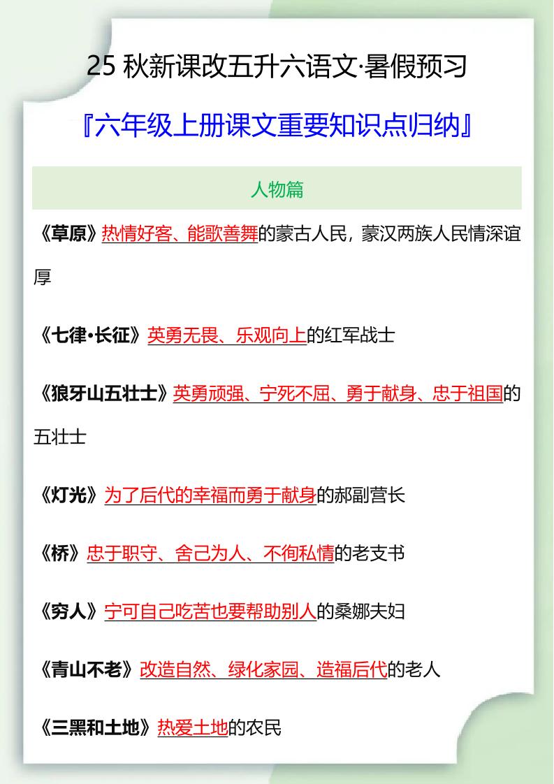【2025秋新版】六年级语文上册课文重要知识点归纳-咖脉互联