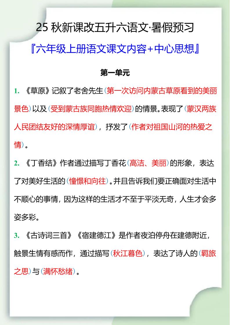 【2025秋新版】五升六暑假预习，六年级上册语文课文中心思想-咖脉互联