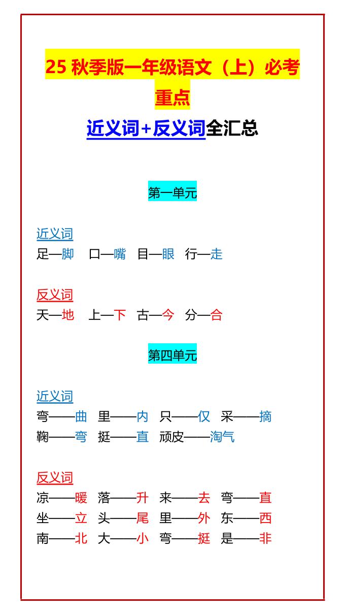 【2025秋新版】一年级语文上必考重点近义词+反义词全汇总-咖脉互联