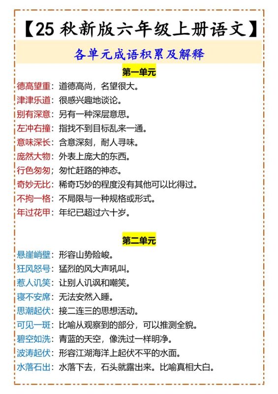 【2025秋新版】【六年级上册语文】各单元成语积累及解释-咖脉互联