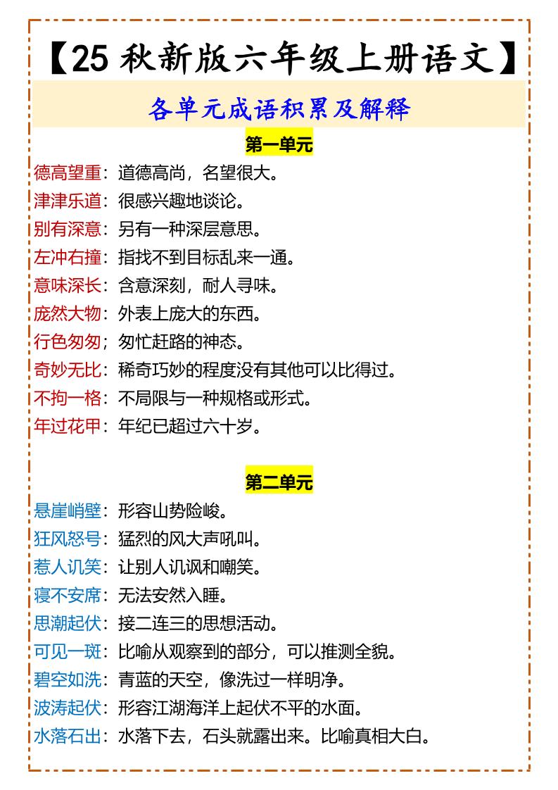 【2025秋新版】【六年级上册语文】各单元成语积累及解释-咖脉互联