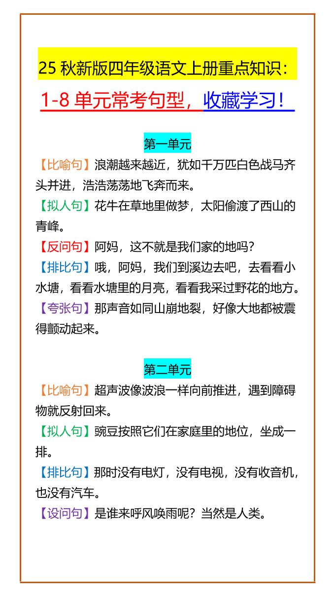 【2025秋新版】四年级语文上册重点知识：1-8单元常考句型，收藏学习！-咖脉互联