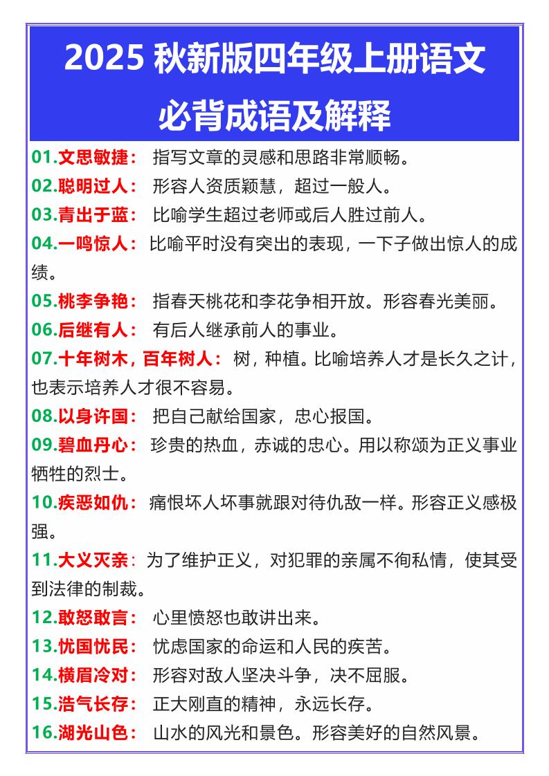 【2025秋新版】四年级上册语文必背成语及解释-咖脉互联