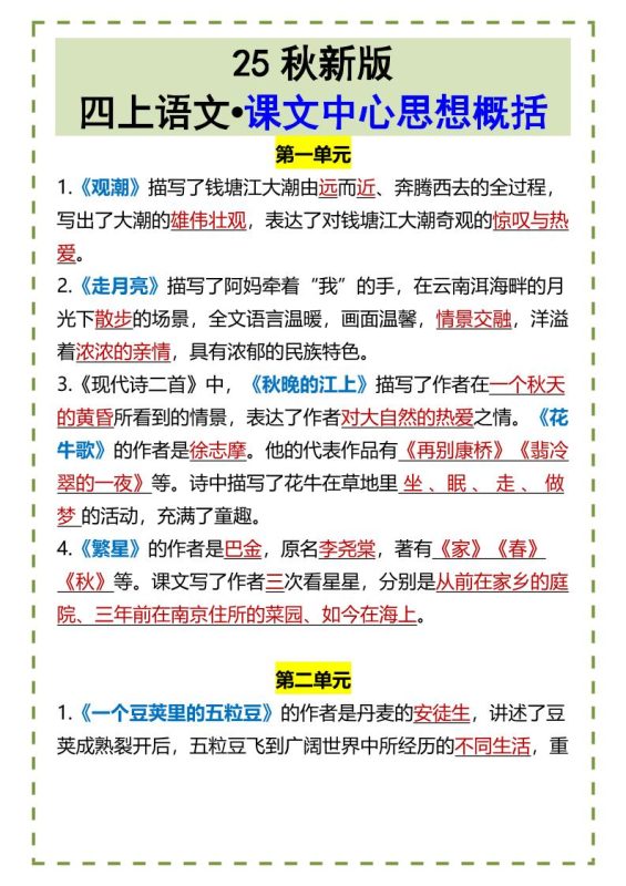 【2025秋新版】四上语文•课文中心思想概括-咖脉互联