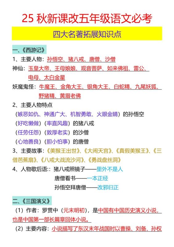 【2025秋新版】五年级语文必考四大名著拓展知识点-五上语文-咖脉互联