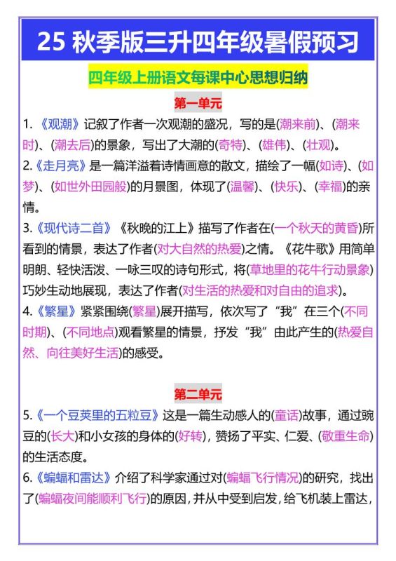 【2025秋新版】四年级上册语文每课中心思想归纳-咖脉互联
