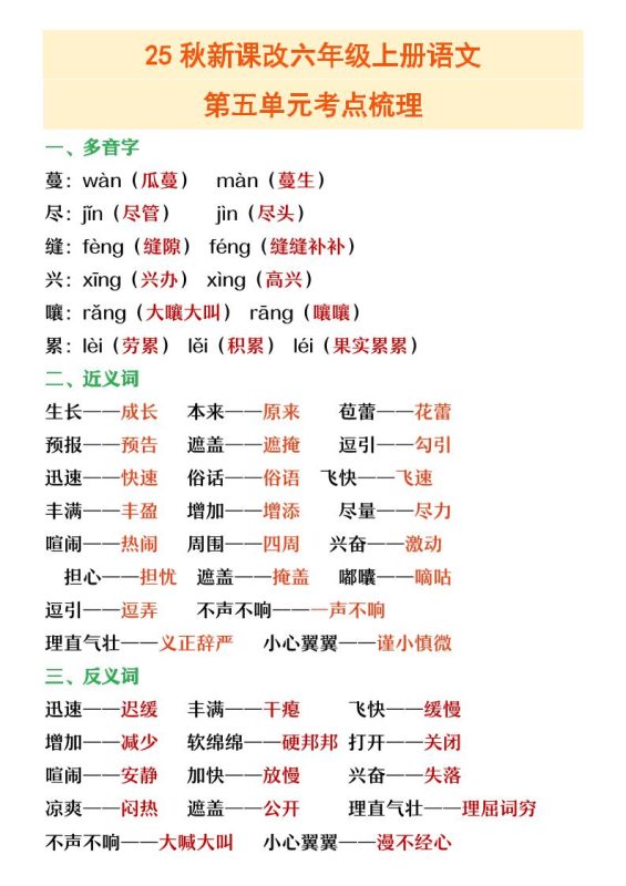 【2025秋新版】六年级上册语文第五单元重点考点梳理-咖脉互联