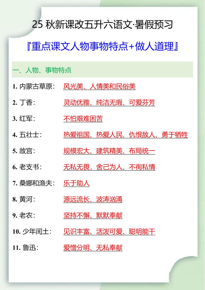 【2025秋新版】五升六重点课文人物事物特点+做人道理-六上语文-咖脉互联