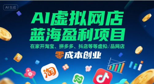 AI虚拟网店蓝海盈利项目，在家开淘宝、拼多多、抖店等虚拟品网店，零成本创业-咖脉互联