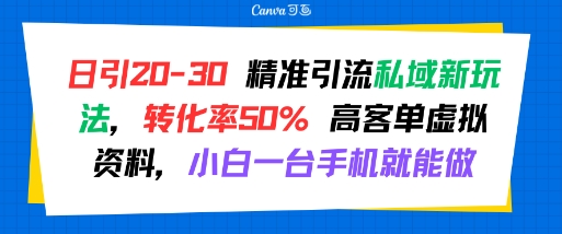 日引 20-30 精准引流私域新玩法，转化率50% 高客单虚拟资料，小白一台手机就能做-咖脉互联