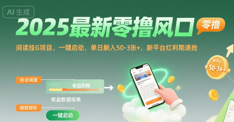 2025最新零撸风口，阅读挂G项目，一键启动，单日躺入 50-3张+，新平台红利期速抢【揭秘】-咖脉互联