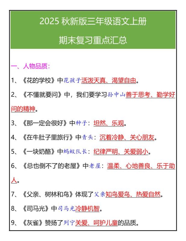【2025秋新版】三年级语文上册期末复习重点汇总-咖脉互联